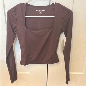 Pink Rose Brown Square Neck Long Sleeve Top